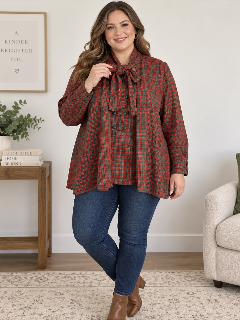 Handmade Plaid Bow Blouse Plus Size 1X Red Green Tartan Vintage Style